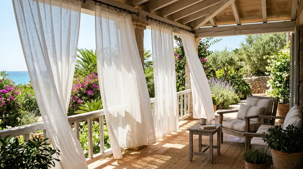 Back porch with white curtains