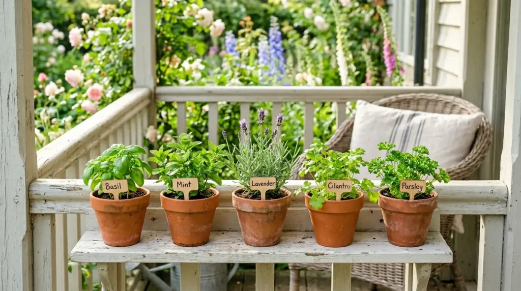 Five herb pots on shelf