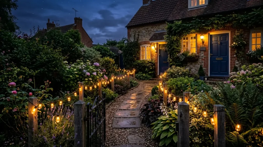 Garden path lit with lights