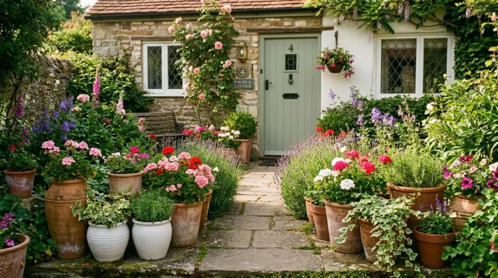 Garden path with potted plants