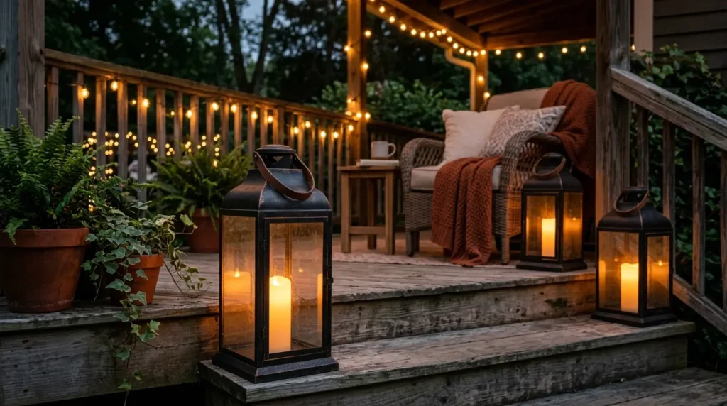 Lanterns on cozy back porch