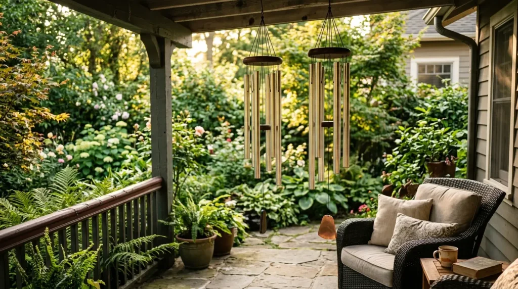 Metal wind chimes on porch