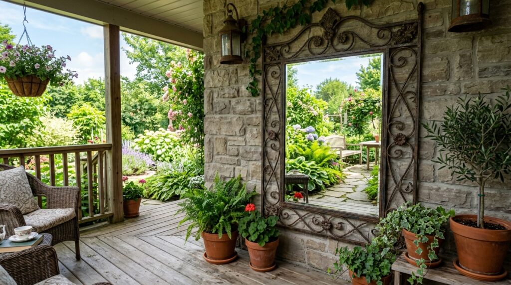 Outdoor mirror reflecting garden