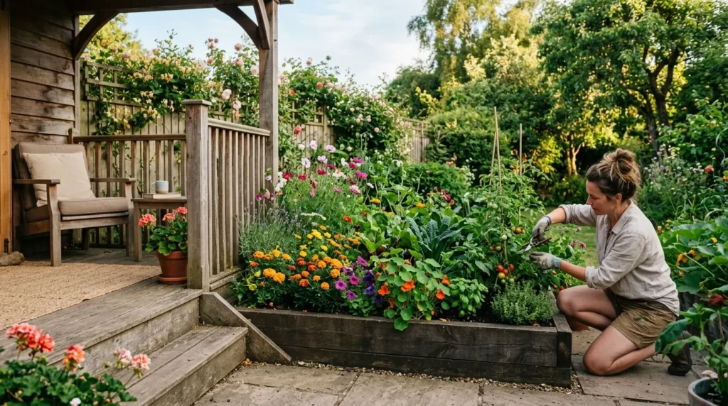 Person tending garden bed