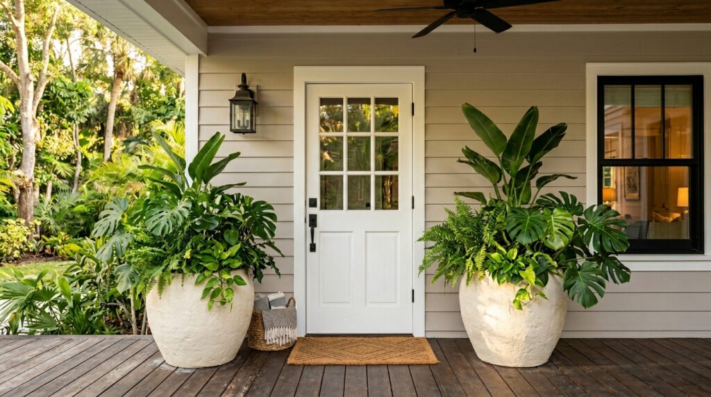 Two planters with tropical plants