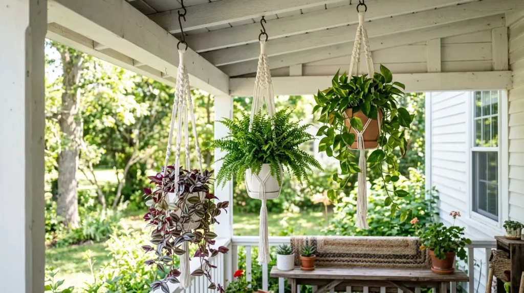 White macrame planters with plants
