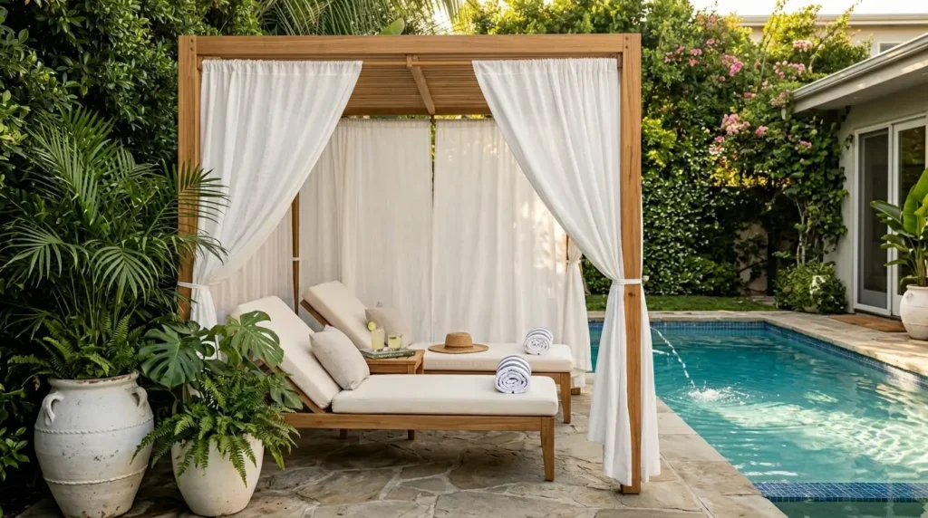 Backyard cabana with sun loungers