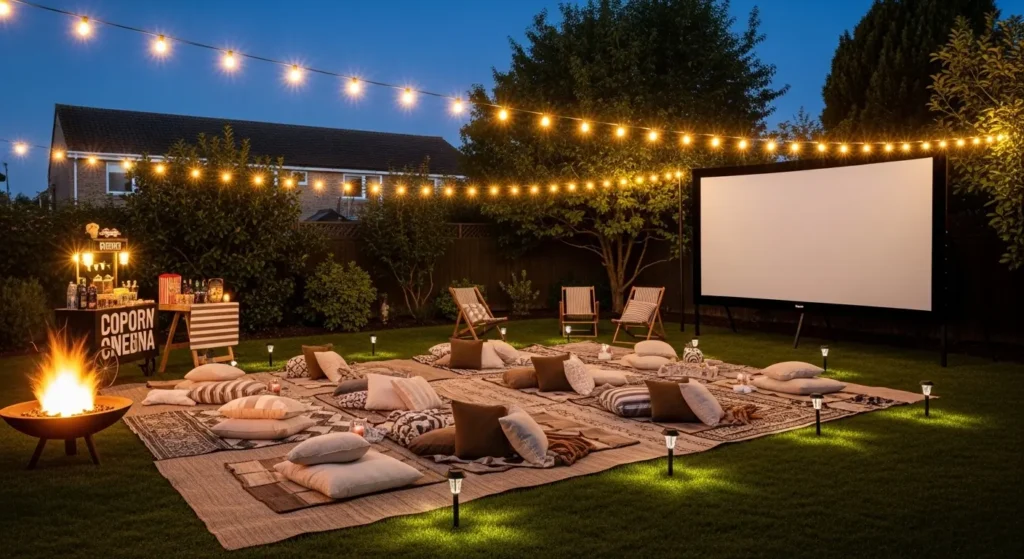 Backyard cinema setup with screen