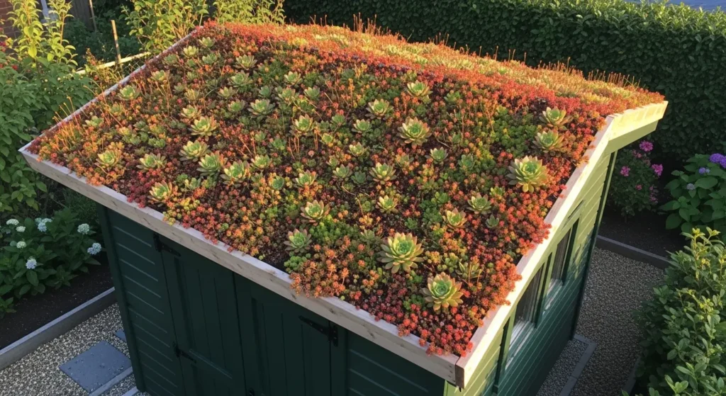 Backyard shed green roof plants