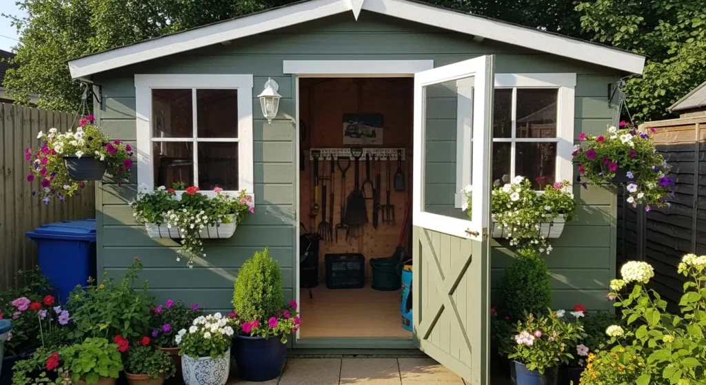 Backyard shed painted sage green