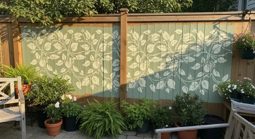 Backyard stencil mural garden fence
