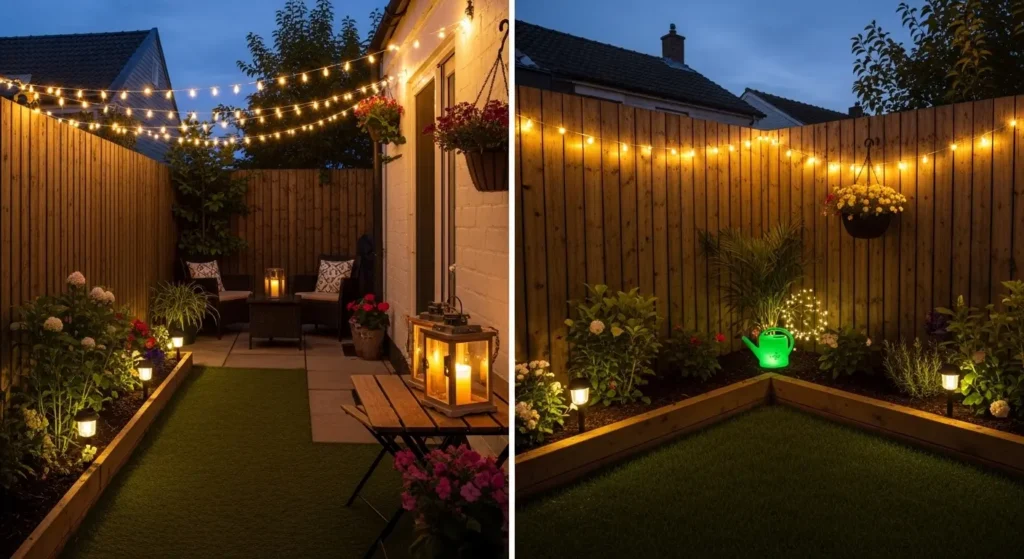 Backyard transformed by solar lights