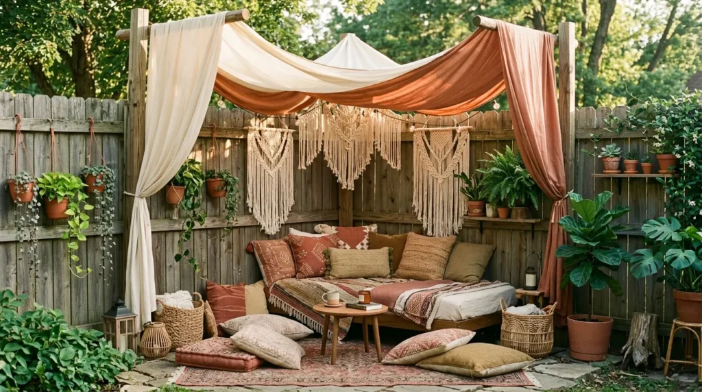 Boho corner cabana in backyard