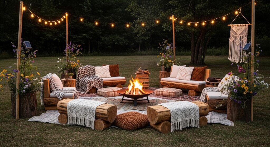 Boho fire pit seating area