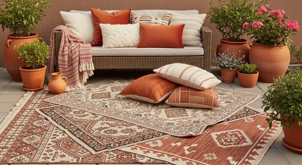 Boho patio textiles layered