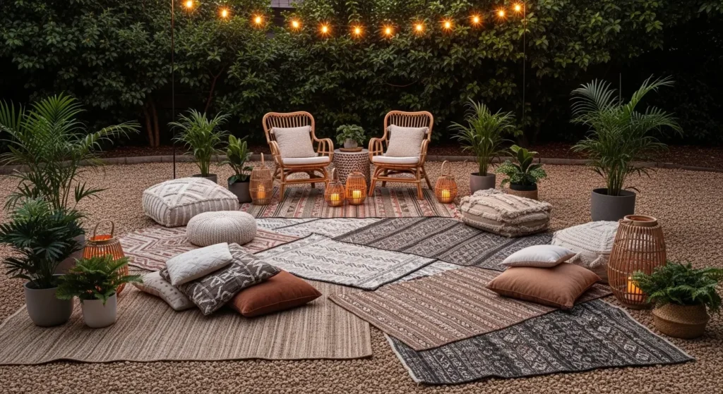Boho pea gravel patio styling