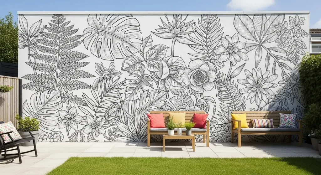 Botanical mural on garden wall