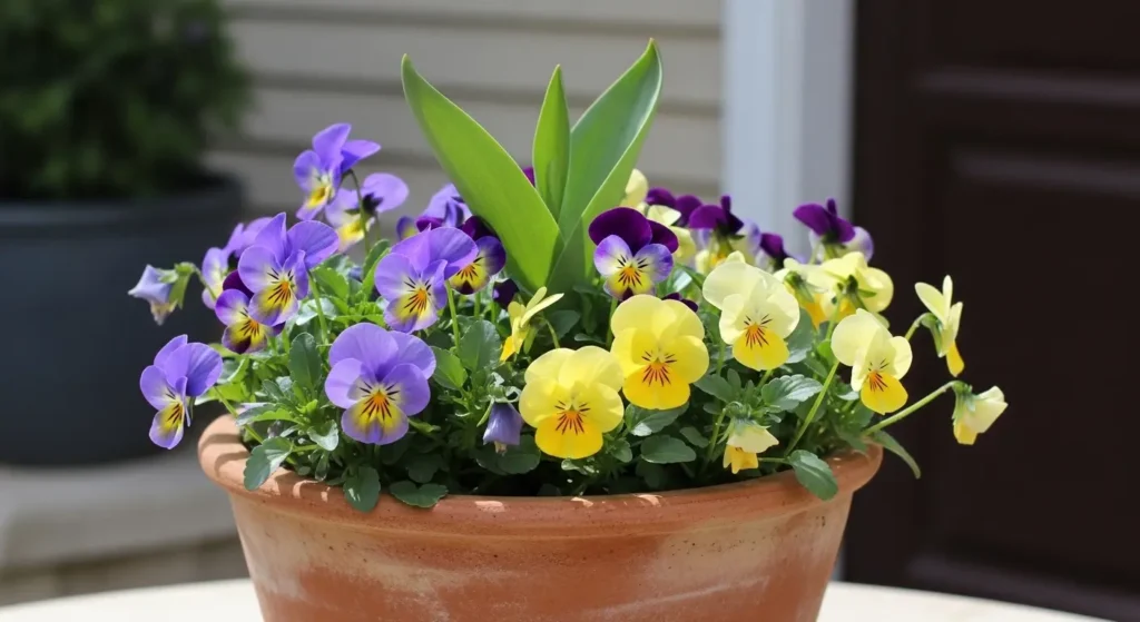 Budget spring planter with pansies