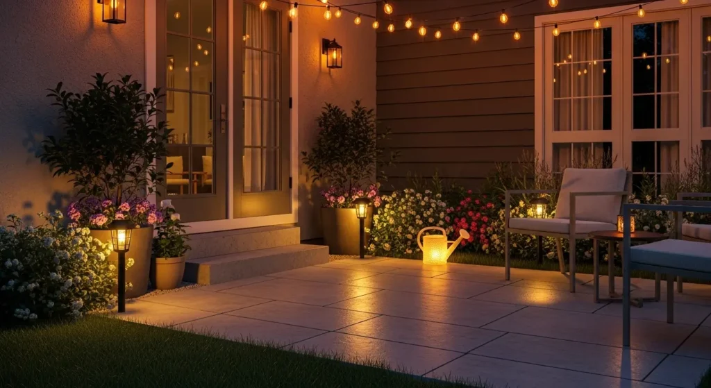 Cement patio solar lighting evening