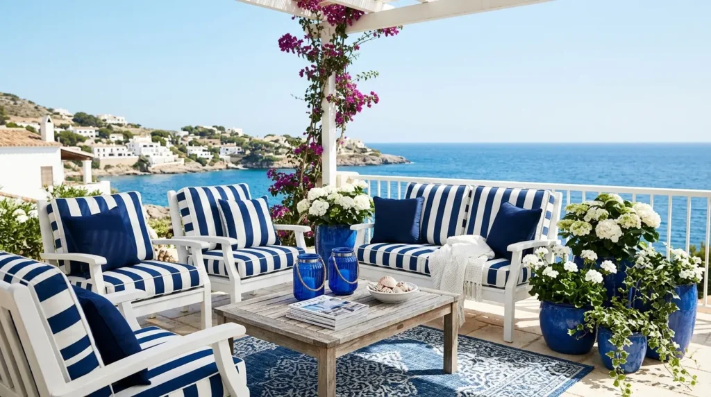 Coastal patio blue white scheme