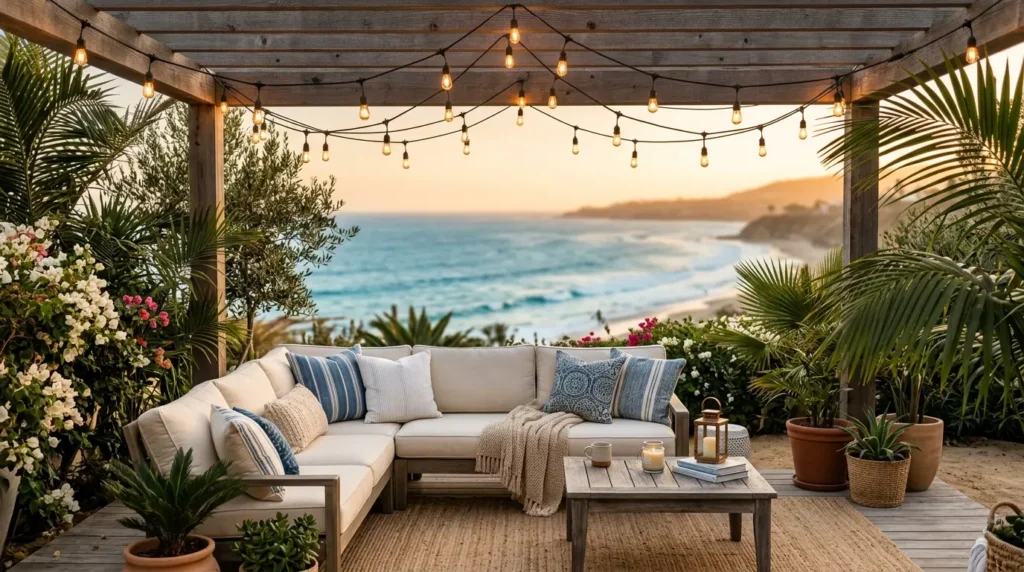 Coastal Patio Decor Ideas with string lights