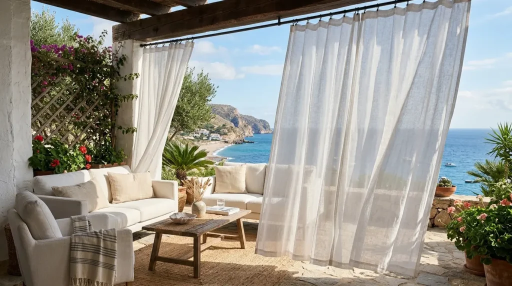 Coastal patio with white curtains