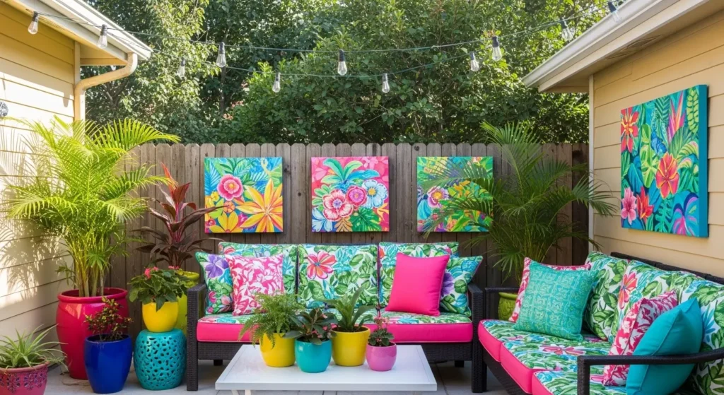 Colorful tropical patio with sofa