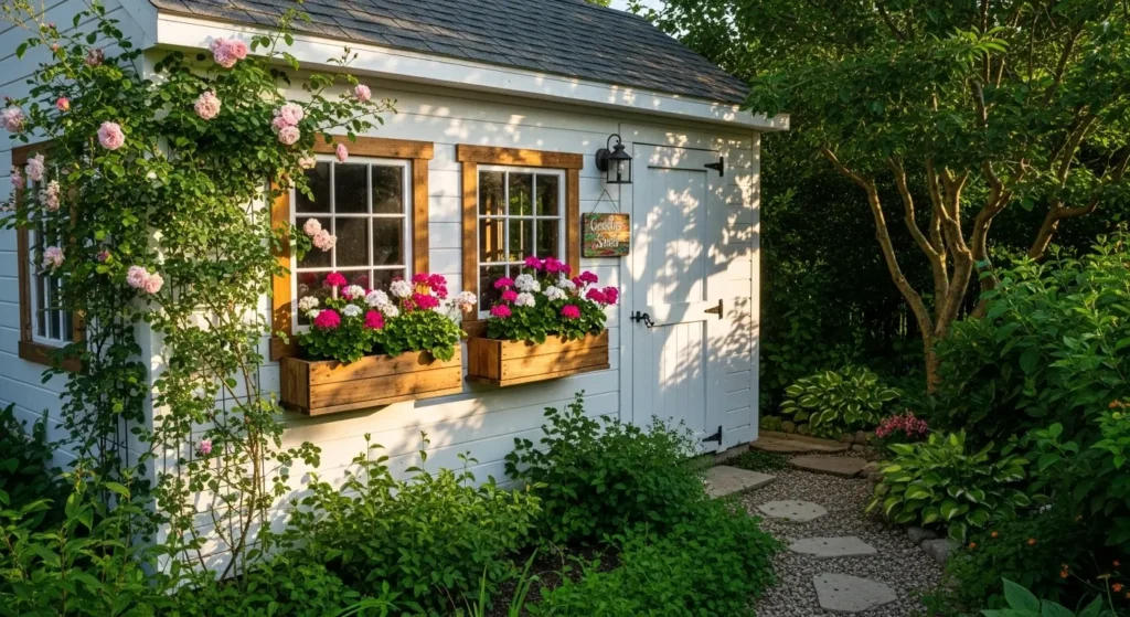 Cottage backyard shed with flowers