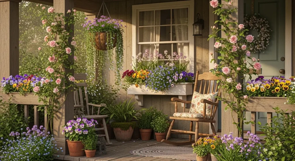 Cottage garden porch with roses