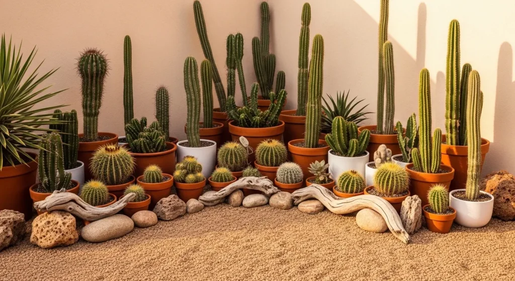 Desert boho garden with cacti and succulents