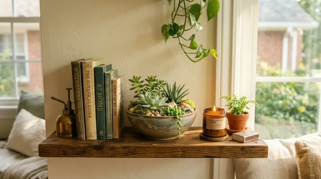 Dish garden on wooden shelf
