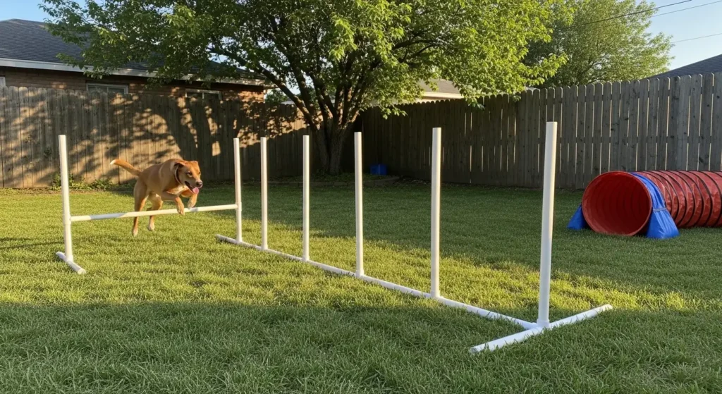 Dog jumping over agility bar