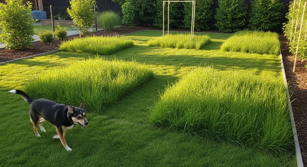 Dog running in backyard grass