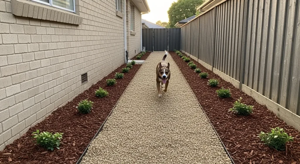 Dog running on side yard