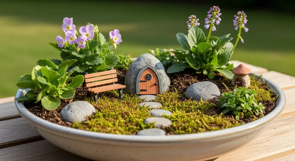 Fairy garden in ceramic bowl