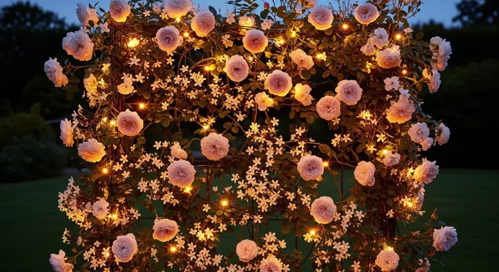 Fairy lights on climbing roses