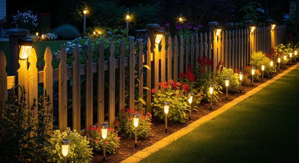Fence line solar lighting garden