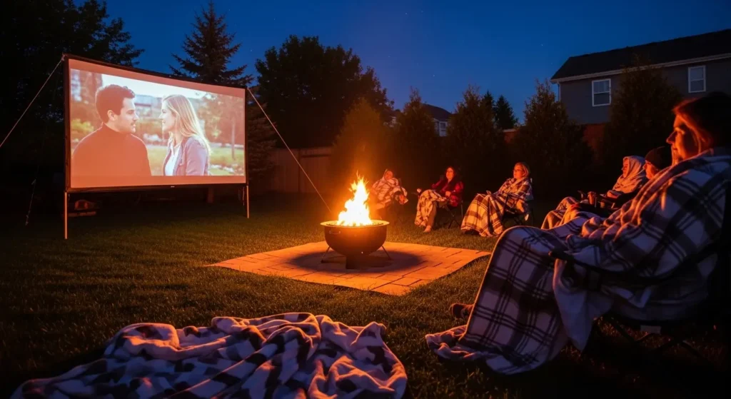 Fire pit backyard movie night