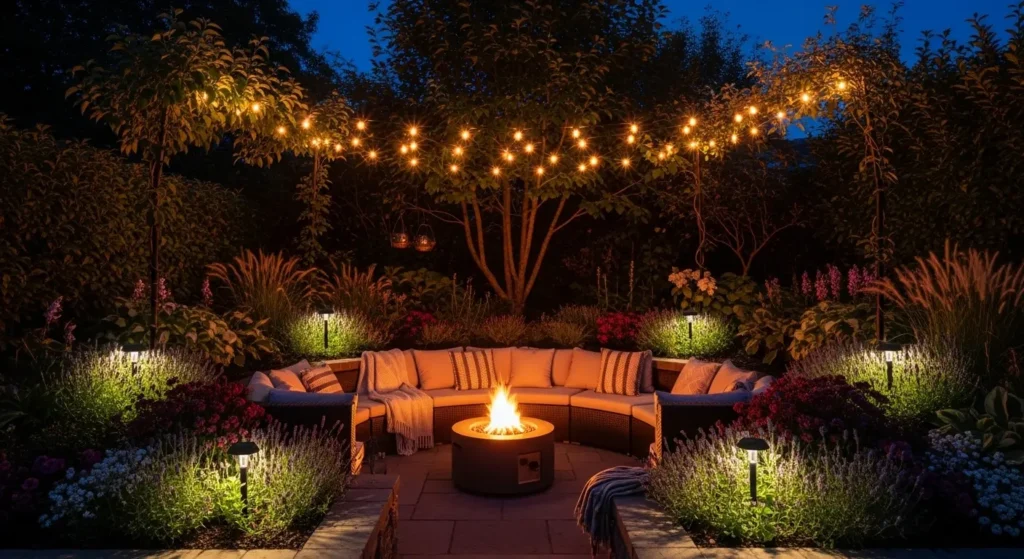 Fire pit garden lighting setup
