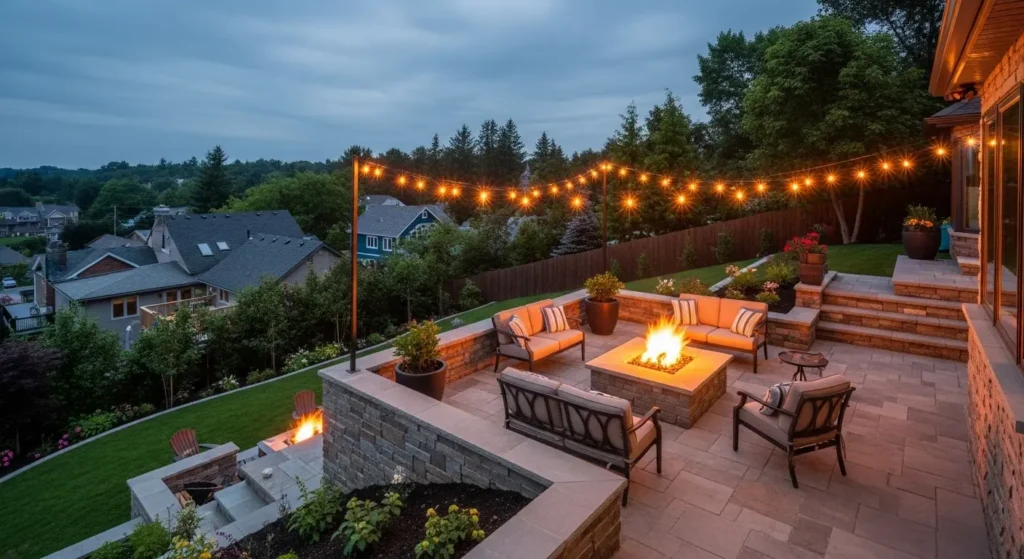 Fire pit terrace sloped backyard