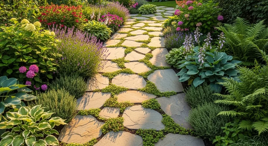 Flagstone pathway in backyard