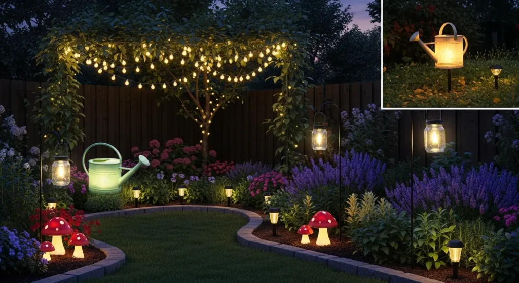 Garden lighting system at dusk