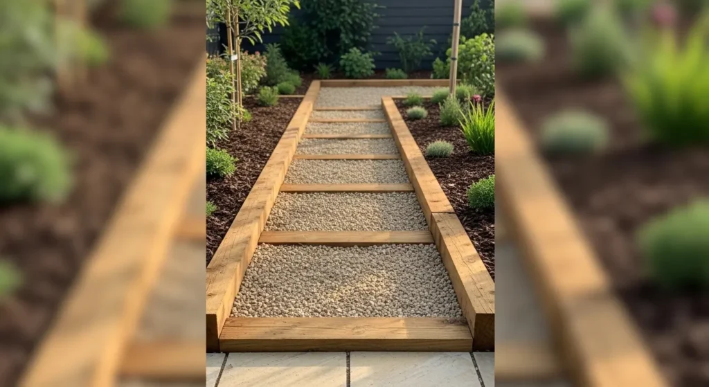 Garden pathway edged with sleepers