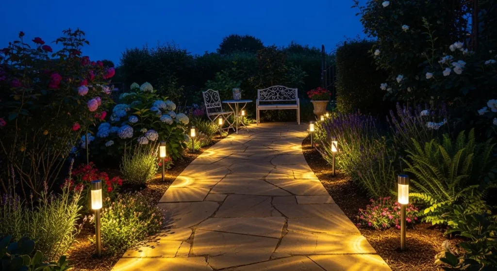 Garden pathway lights at dusk