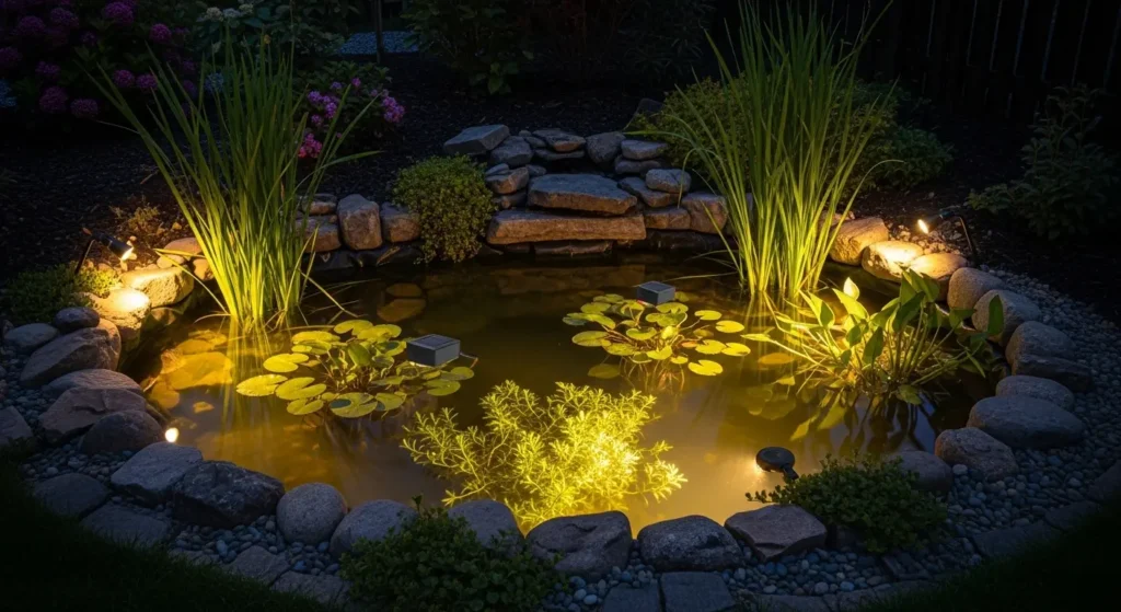 Garden pond with solar lights