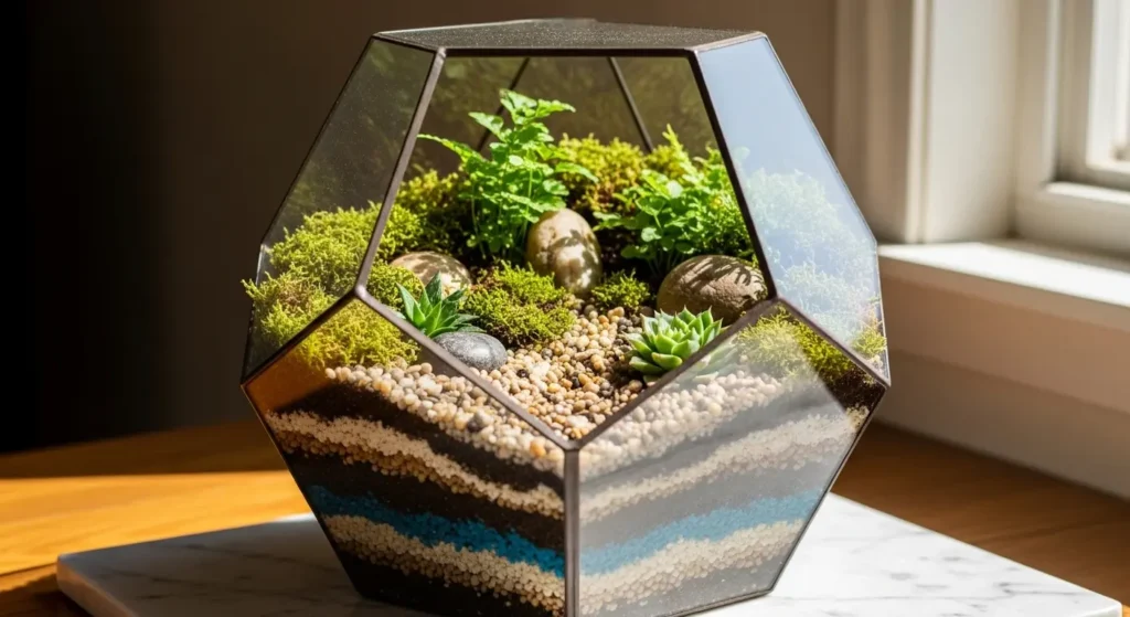 Glass terrarium mini garden scene