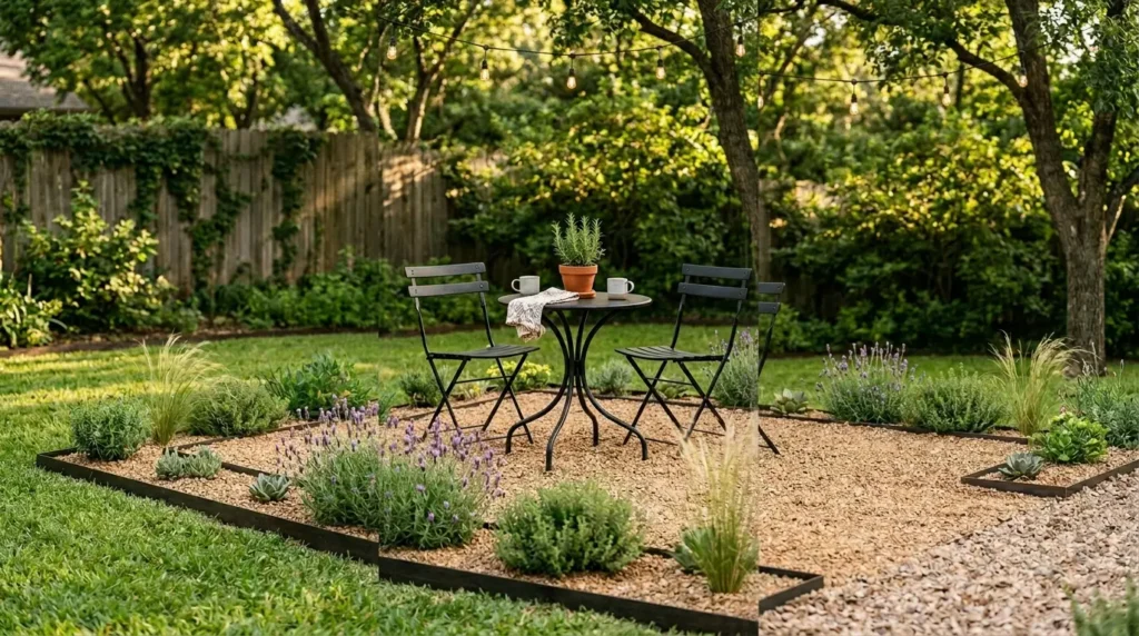 Gravel patio with bistro table