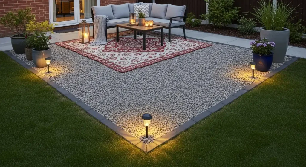 Gravel seating area rental backyard