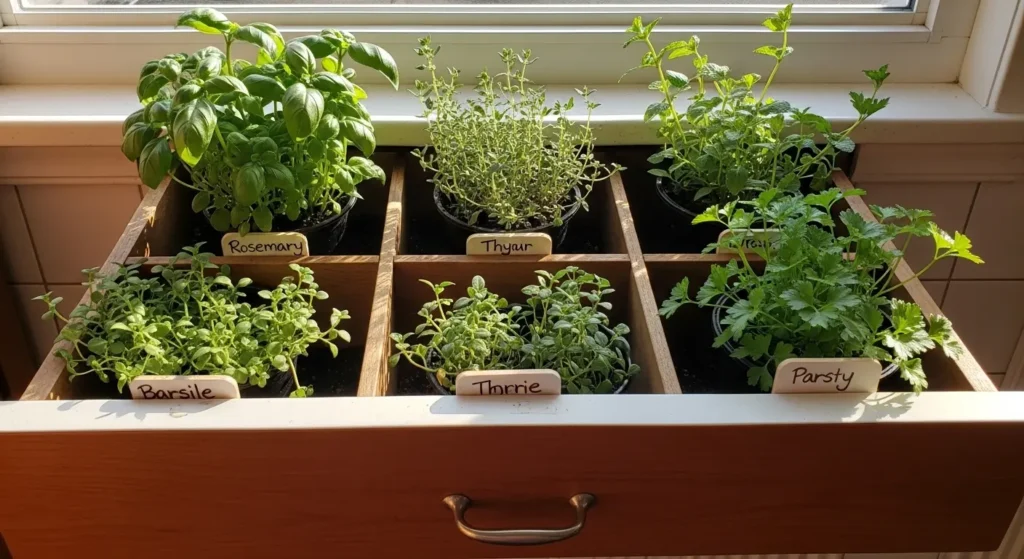 Herb garden in kitchen drawer
