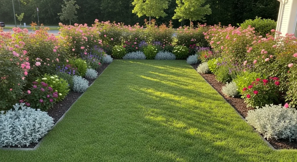 Lush lawn with planted borders